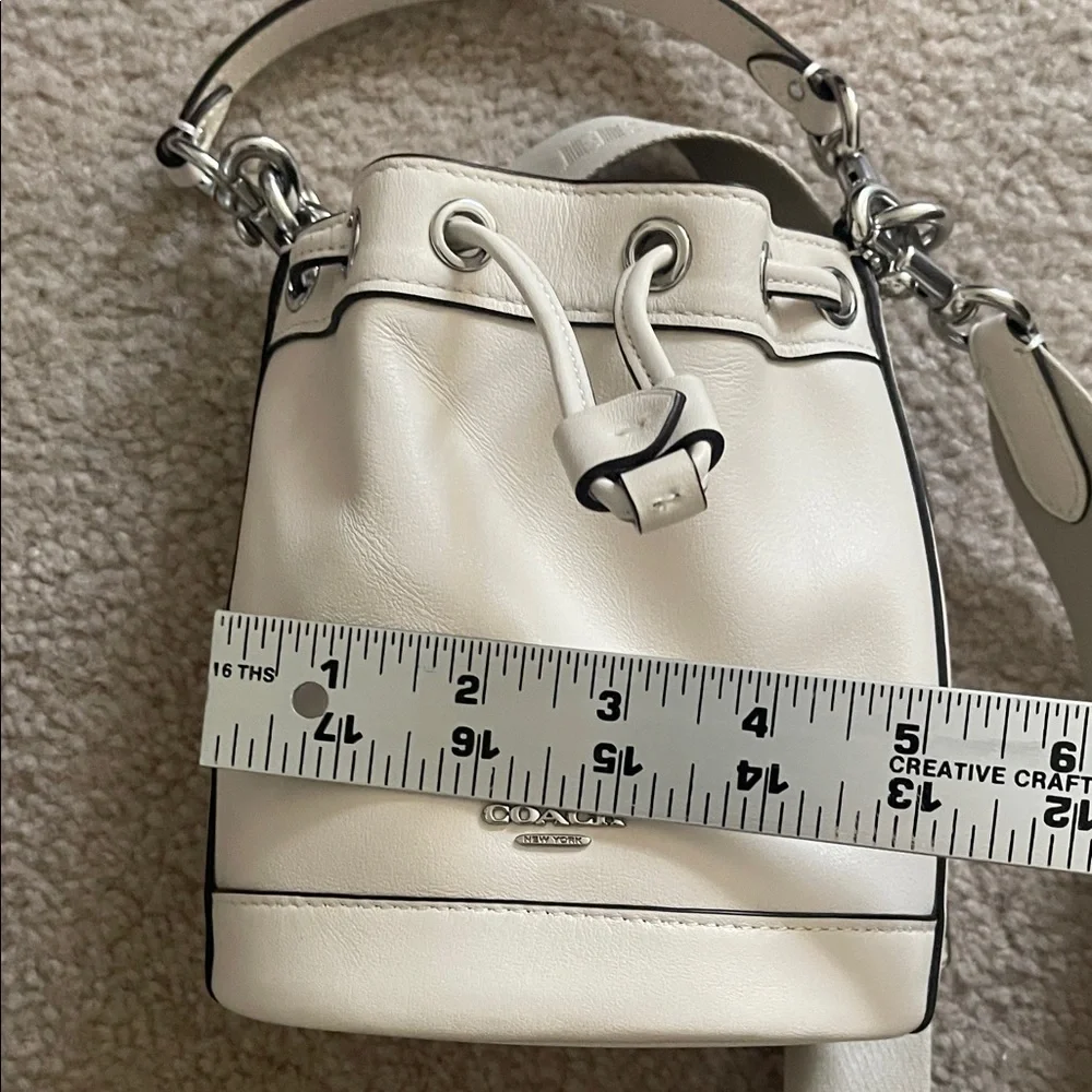 Coach Chalk Color Leather Mini Drawstring Bucket Bag with Logo Strap - Picture 9 of 10